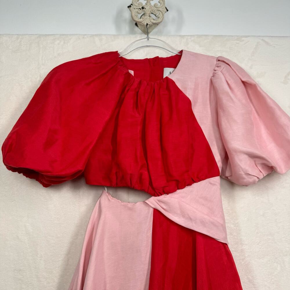 Aje Impermanence Entwined Midi Dress Pink Red Silk Puff Sleeve Party Size XXS - Picture 4 of 16